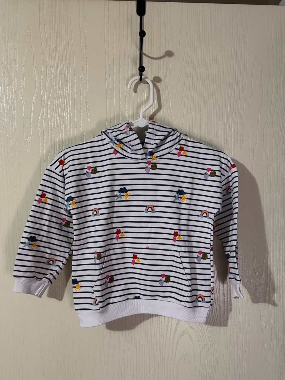 Girls' White & Navy Striped Hooded Top with Rainbow & Floral Motifs Size 5Y